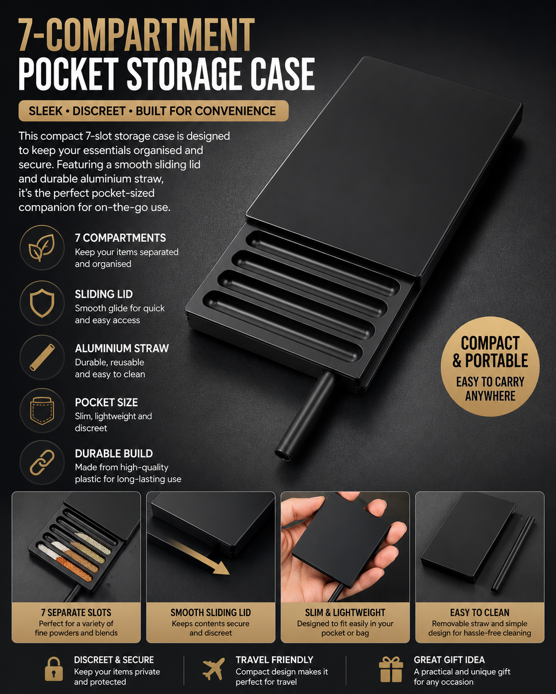 Portable 7-Compartment Plastic Storage Case with Sliding Lid & Aluminium Straw
