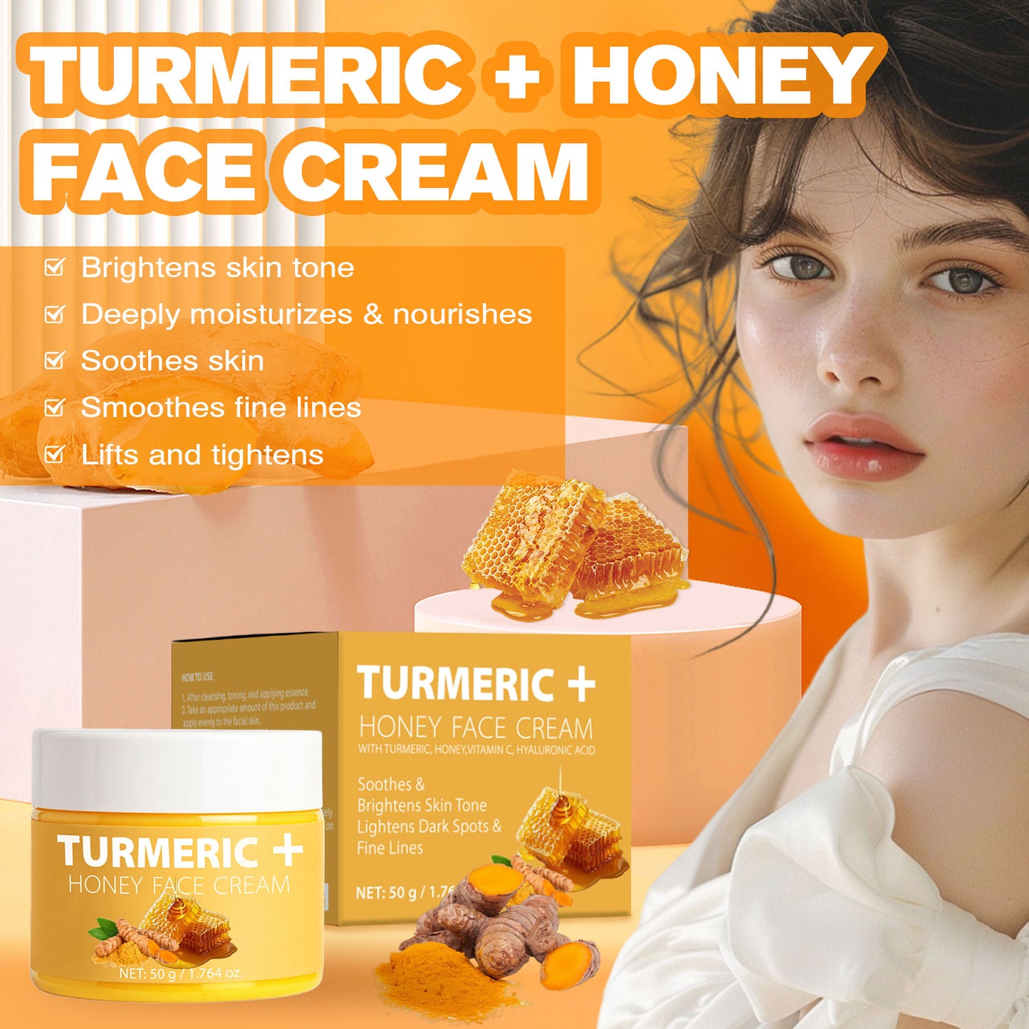 Turmeric & Honey Face Cream 50g – Daily Moisturizer with Vitamin E, Organic Vegan Herbal Formula