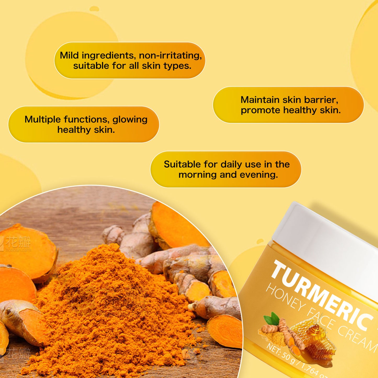 Turmeric & Honey Face Cream 50g – Daily Moisturizer with Vitamin E, Organic Vegan Herbal Formula