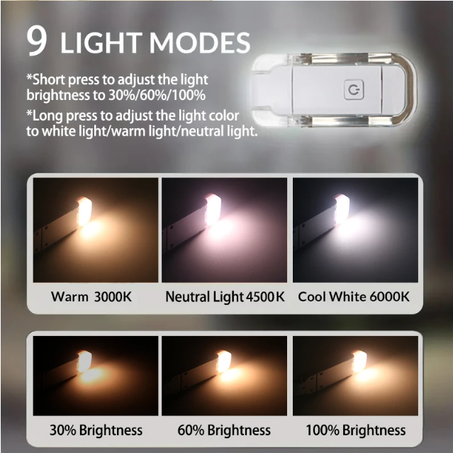 Reading Book Light USB Rechargeable Folding Portable Eye Protection 3 Light Colors Adjustable Brightness Night Lamp