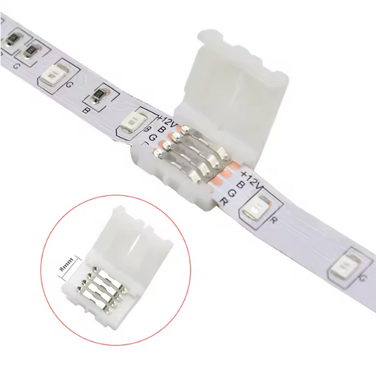 Solderless LED Strip Connector – 4-Pin 10mm & 2-Pin 8mm Clip for RGB 5050/2835 Light Strips