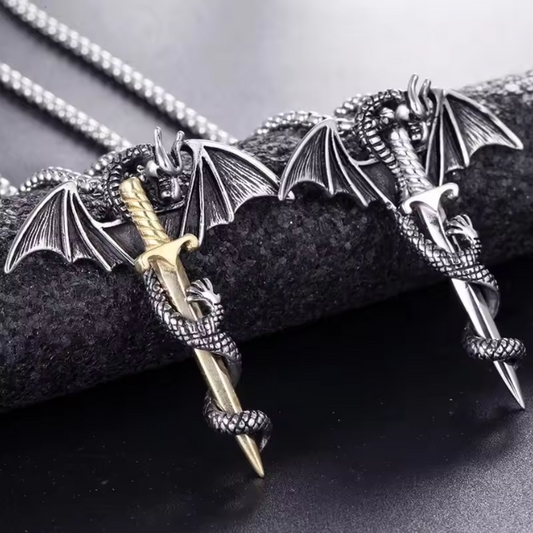 Retro Viking Pterodactyl Holy Sword Shape Pendant Necklace Men's Necklace Metal Sliding Dragon Necklace Accessories Party Jewelry