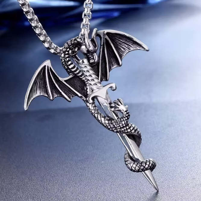 Retro Viking Pterodactyl Holy Sword Shape Pendant Necklace Men's Necklace Metal Sliding Dragon Necklace Accessories Party Jewelry
