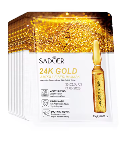 10pcs SADOER 24K Gold Face Masks with Vitamin C & Ampoule Serum – Hydrating & Firming Skincare