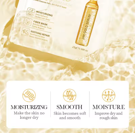 10pcs SADOER 24K Gold Face Masks with Vitamin C & Ampoule Serum – Hydrating & Firming Skincare