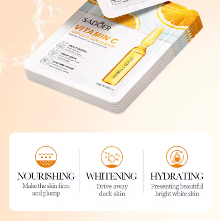 10pcs SADOER 24K Gold Face Masks with Vitamin C & Ampoule Serum – Hydrating & Firming Skincare