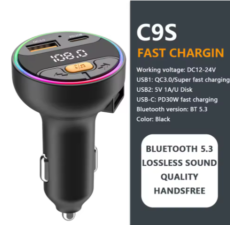 Bluetooth 5.3 FM Transmitter for Cars – Handsfree AUX Radio Adapter, MP3 Player & Fast Charger (22.5W + PD30W)