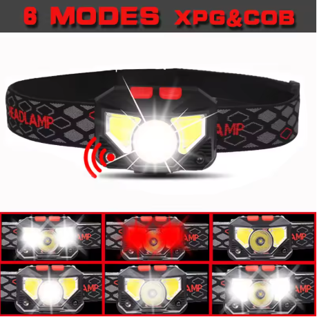 8-Mode LED Headlamp with Motion Sensor – Hands-Free COB Flashlight Torch for Camping & Fishing