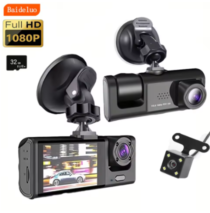 1080P Dash Cam with IR Night Vision, Loop Recording & 2" IPS Screen – 3-Camera Vehicle DVR Recorder
