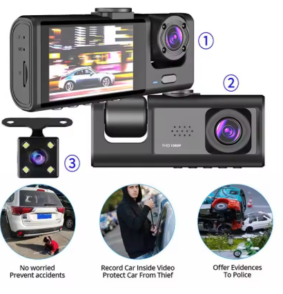 1080P Dash Cam with IR Night Vision, Loop Recording & 2" IPS Screen – 3-Camera Vehicle DVR Recorder