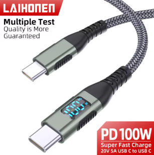 100W USB-C to USB-C Fast Charging Cable PD 5A Nylon Braided LED Display Charger Cord for iPhone 16/15, MacBook & iPad