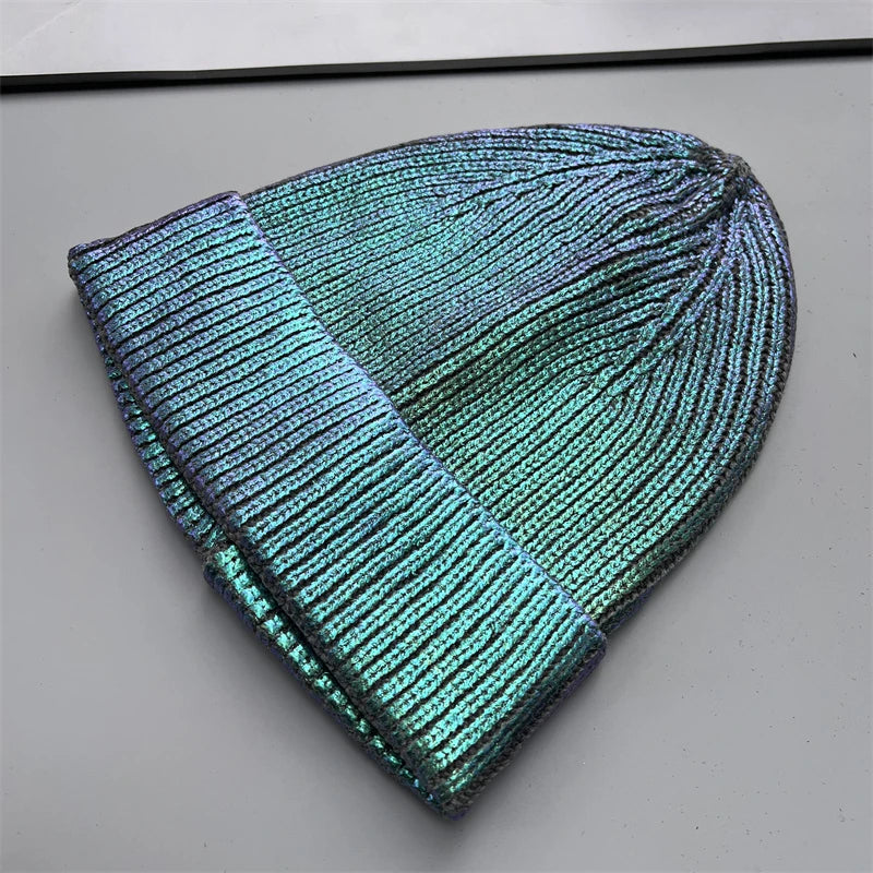 Iridescent green holographic knit beanie