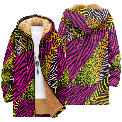 Fleece-Lined Hooded Jacket – Psychedelic Print Faux Fur Coat
