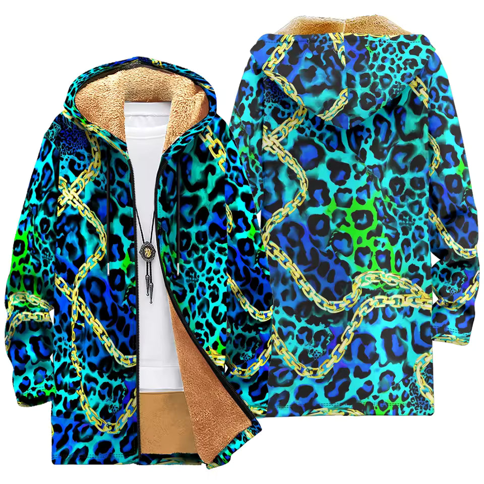 Fleece-Lined Hooded Jacket – Psychedelic Print Faux Fur Coat