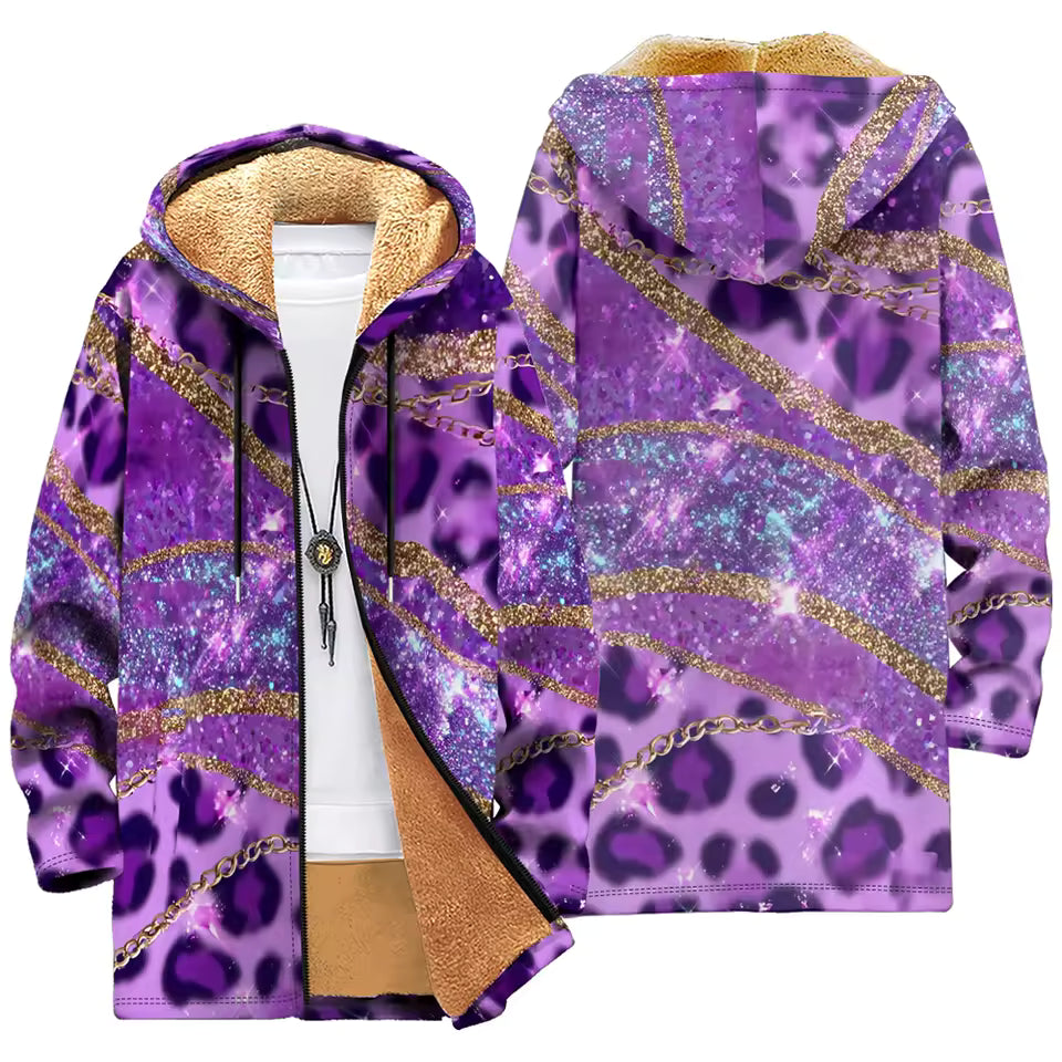 Fleece-Lined Hooded Jacket – Psychedelic Print Faux Fur Coat