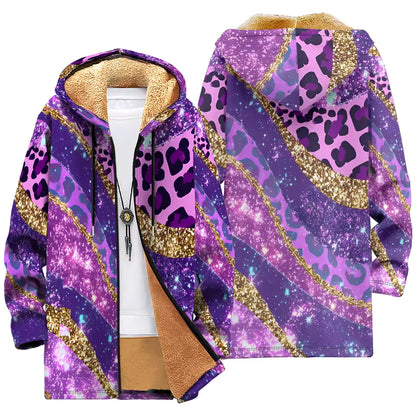 Fleece-Lined Hooded Jacket – Psychedelic Print Faux Fur Coat
