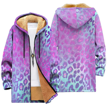Fleece-Lined Hooded Jacket – Psychedelic Print Faux Fur Coat