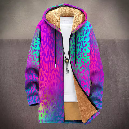 Fleece-Lined Hooded Jacket – Psychedelic Print Faux Fur Coat