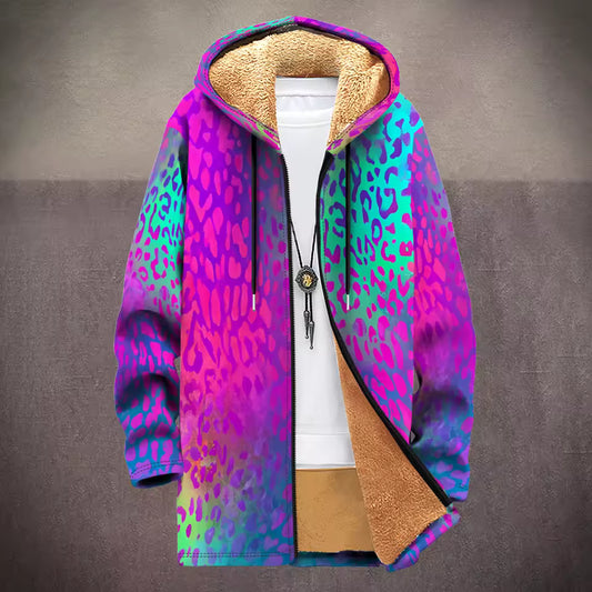 Fleece-Lined Hooded Jacket – Psychedelic Print Faux Fur Coat