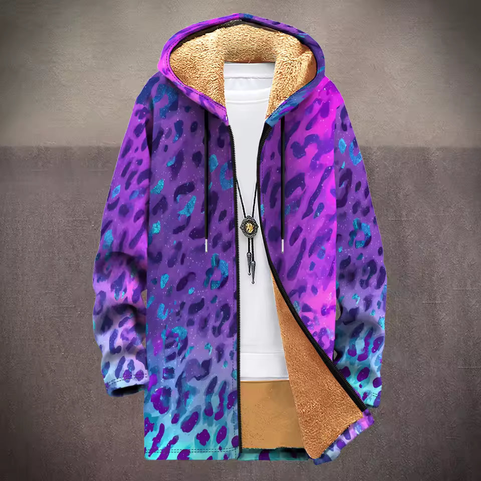 Fleece-Lined Hooded Jacket – Psychedelic Print Faux Fur Coat