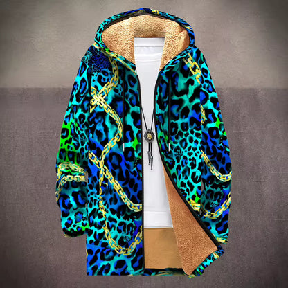 Fleece-Lined Hooded Jacket – Psychedelic Print Faux Fur Coat