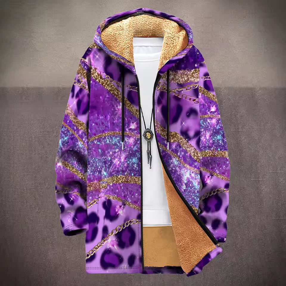 Fleece-Lined Hooded Jacket – Psychedelic Print Faux Fur Coat