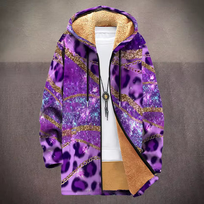 Fleece-Lined Hooded Jacket – Psychedelic Print Faux Fur Coat