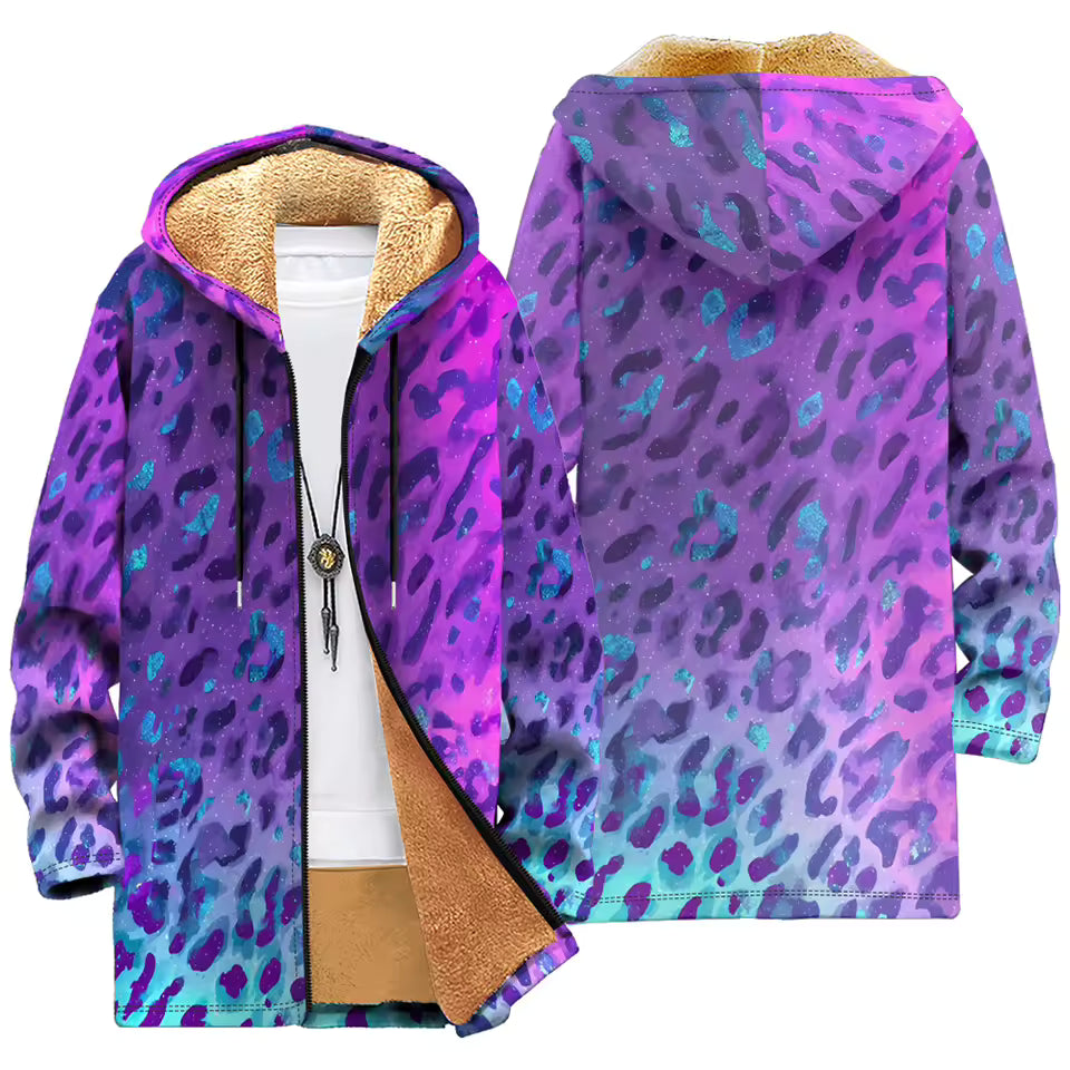 Fleece-Lined Hooded Jacket – Psychedelic Print Faux Fur Coat
