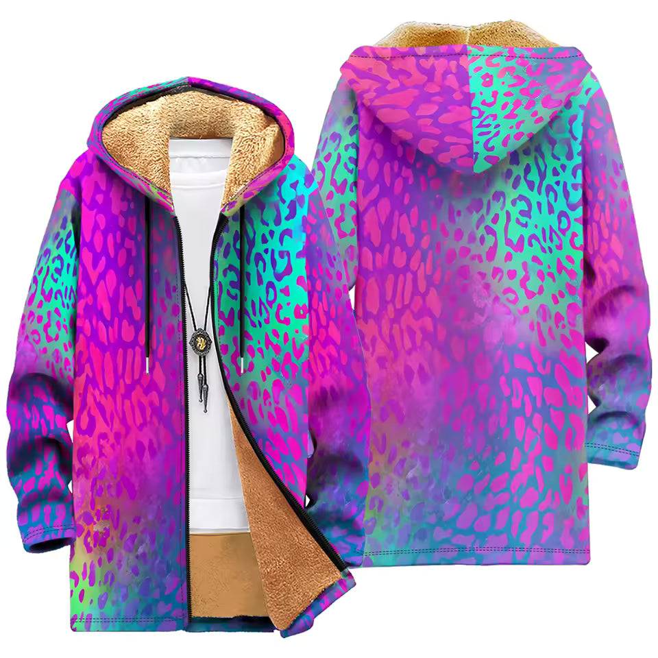Fleece-Lined Hooded Jacket – Psychedelic Print Faux Fur Coat