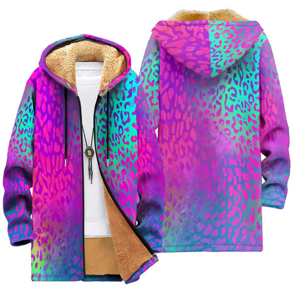 Fleece-Lined Hooded Jacket – Psychedelic Print Faux Fur Coat