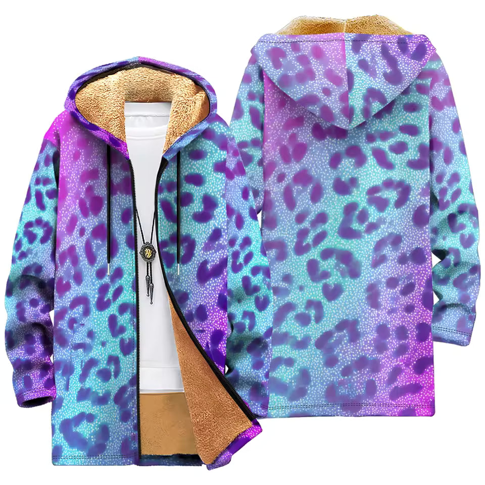 Fleece-Lined Hooded Jacket – Psychedelic Print Faux Fur Coat