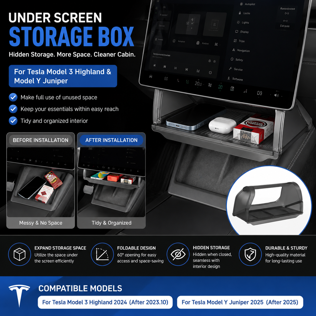 Tesla Model 3 Highland & Model Y Juniper Under Screen Storage Box – Hidden Central Console Organizer Tray Accessory
