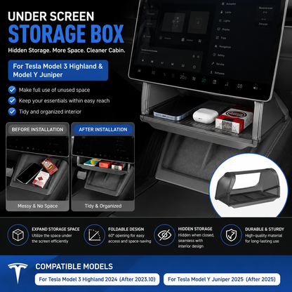 Tesla Model 3 Highland & Model Y Juniper Under Screen Storage Box – Hidden Central Console Organizer Tray Accessory