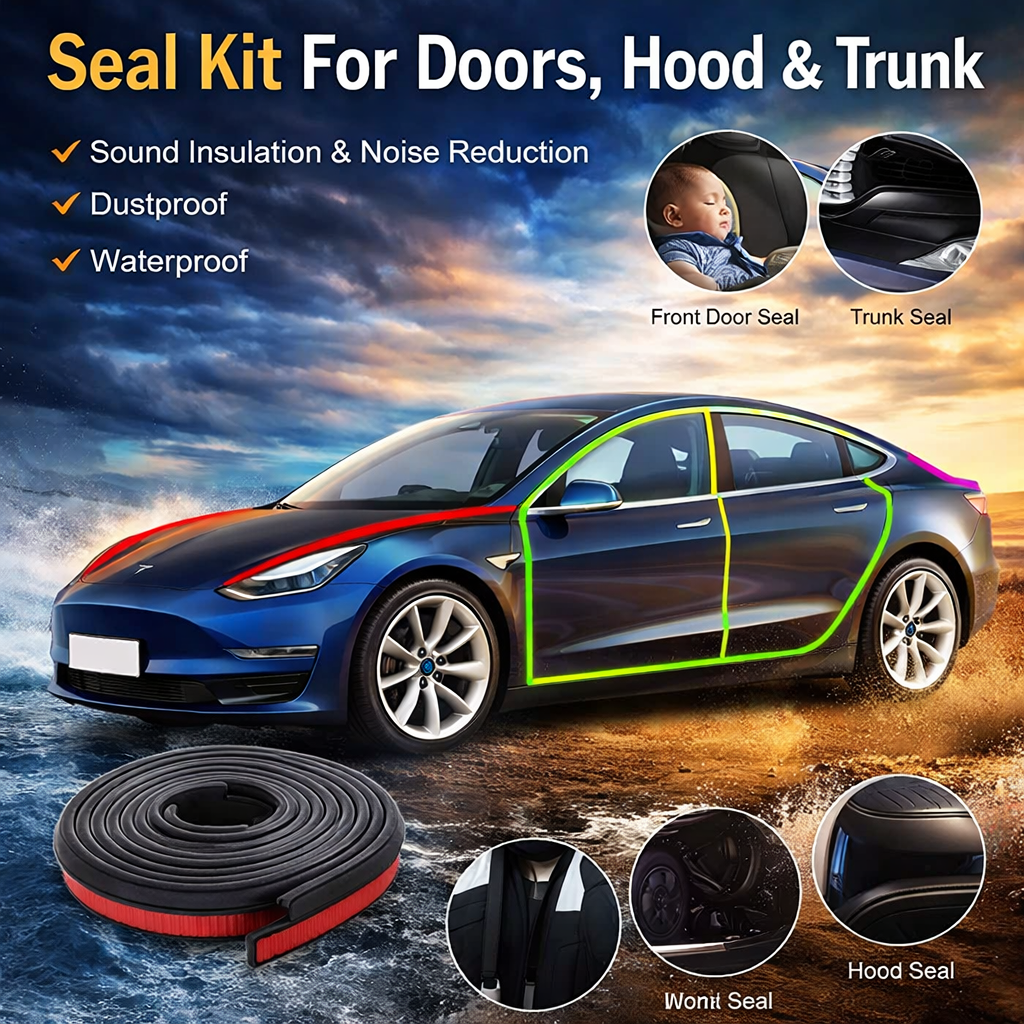 Tesla Model 3 / Model Y Door Seal Kit – Soundproof Rubber Weather Strips for Wind Noise Reduction (2017–2024)