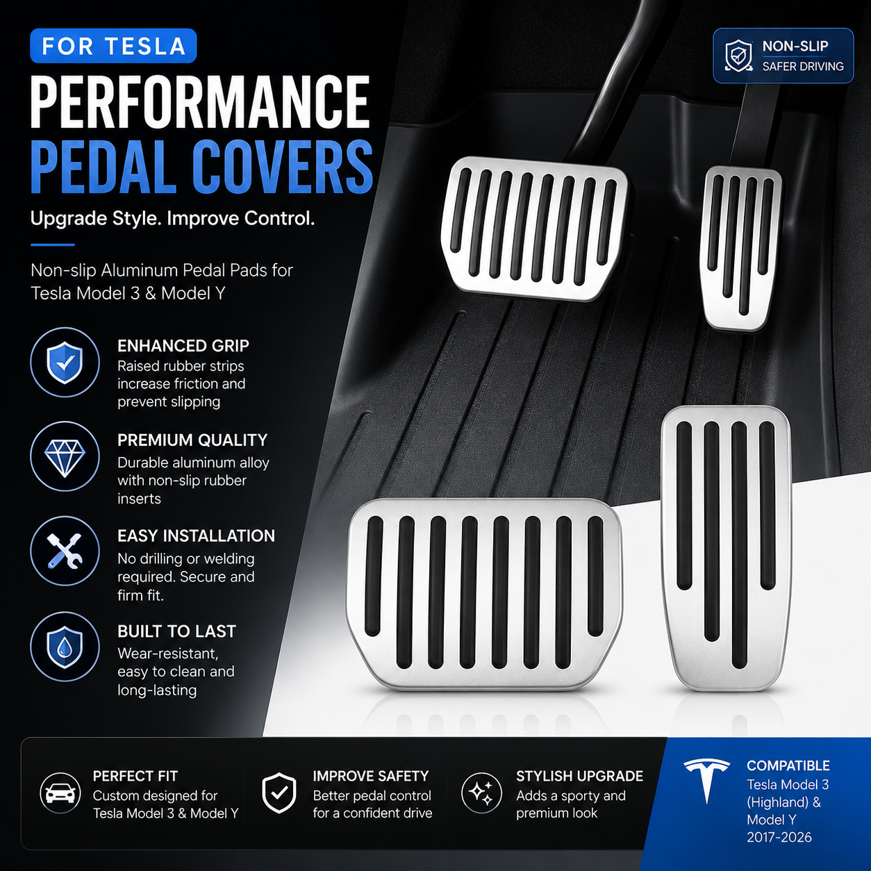 Tesla Model 3 Highland & Model Y Performance Pedal Covers – Non-Slip Aluminum Accelerator, Brake & Foot Rest Pedal Pad Set Accessories