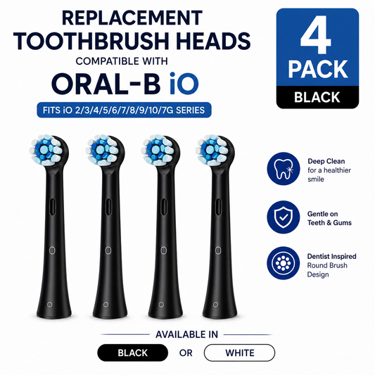 Oral-B iO Compatible Replacement Brush Heads – 4 Pack – Fits iO 2/3/4/5/6/7/8/9/10/7G – Black or White