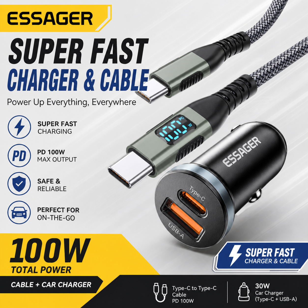 100W USB-C to USB-C Fast Charging Cable PD 5A Nylon Braided LED Display Charger Cord for iPhone 16/15, MacBook & iPad