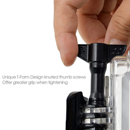 Knurled T-form thumb screw for tightening the mount by hand
