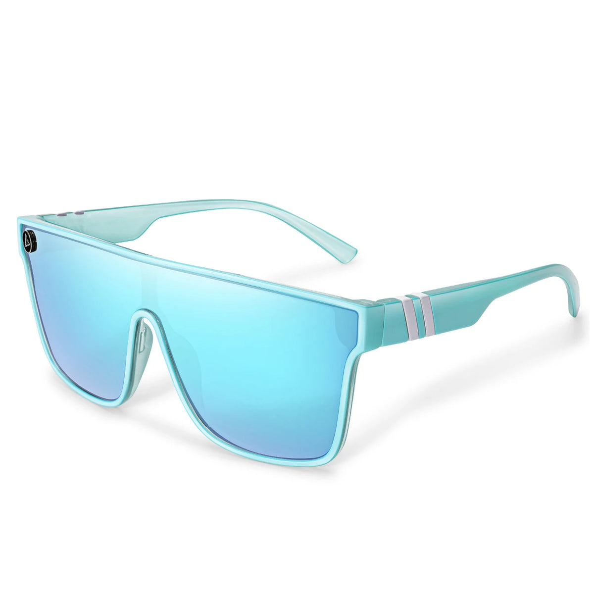 Flat top shield sunglasses with ice blue mirrored lens and mint green frame
