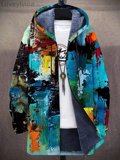 Unisex Psychedelic Print Hooded Cardigan Coat – Long Thick Warm Zip-Up Festival Jacket | 9 Styles