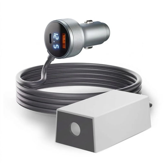 Starlink Mini car power cable with digital voltmeter and coiled 3m DC cable