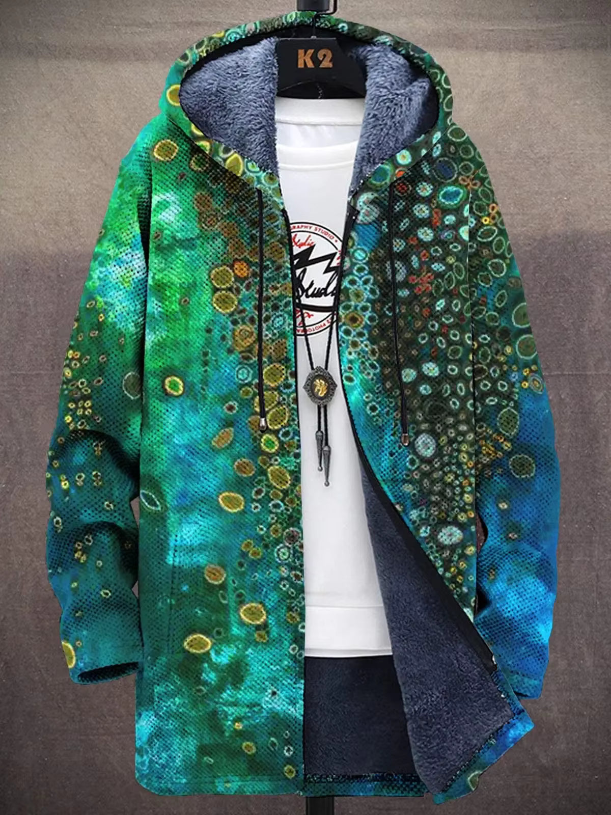 Unisex Psychedelic Print Hooded Cardigan Coat – Long Thick Warm Zip-Up Festival Jacket | 9 Styles
