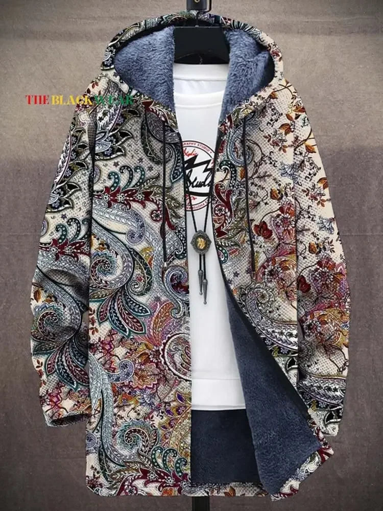 Unisex Ivory Paisley vintage paisley print hooded cardigan coat