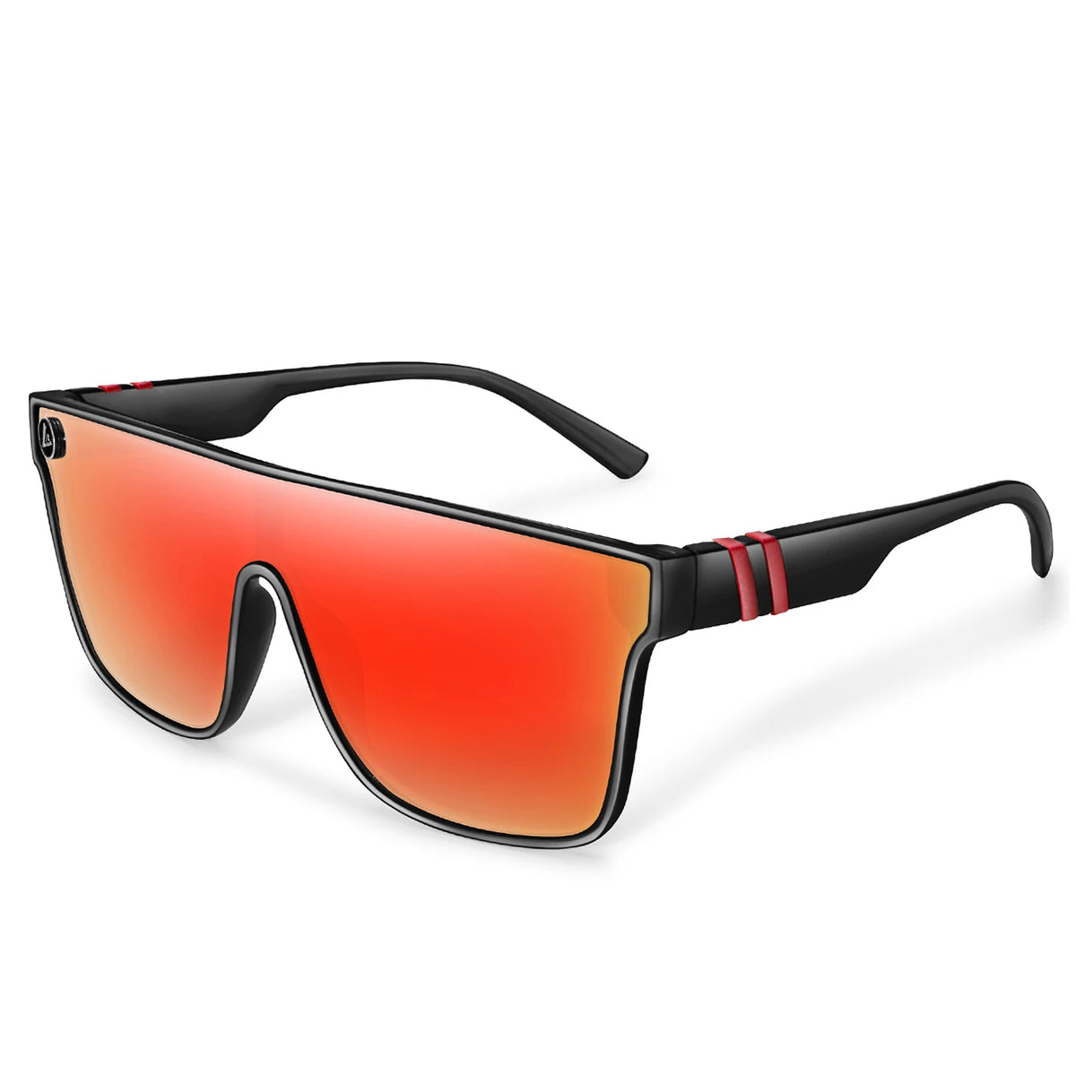 Flat top shield sunglasses with red mirrored lens and black frame