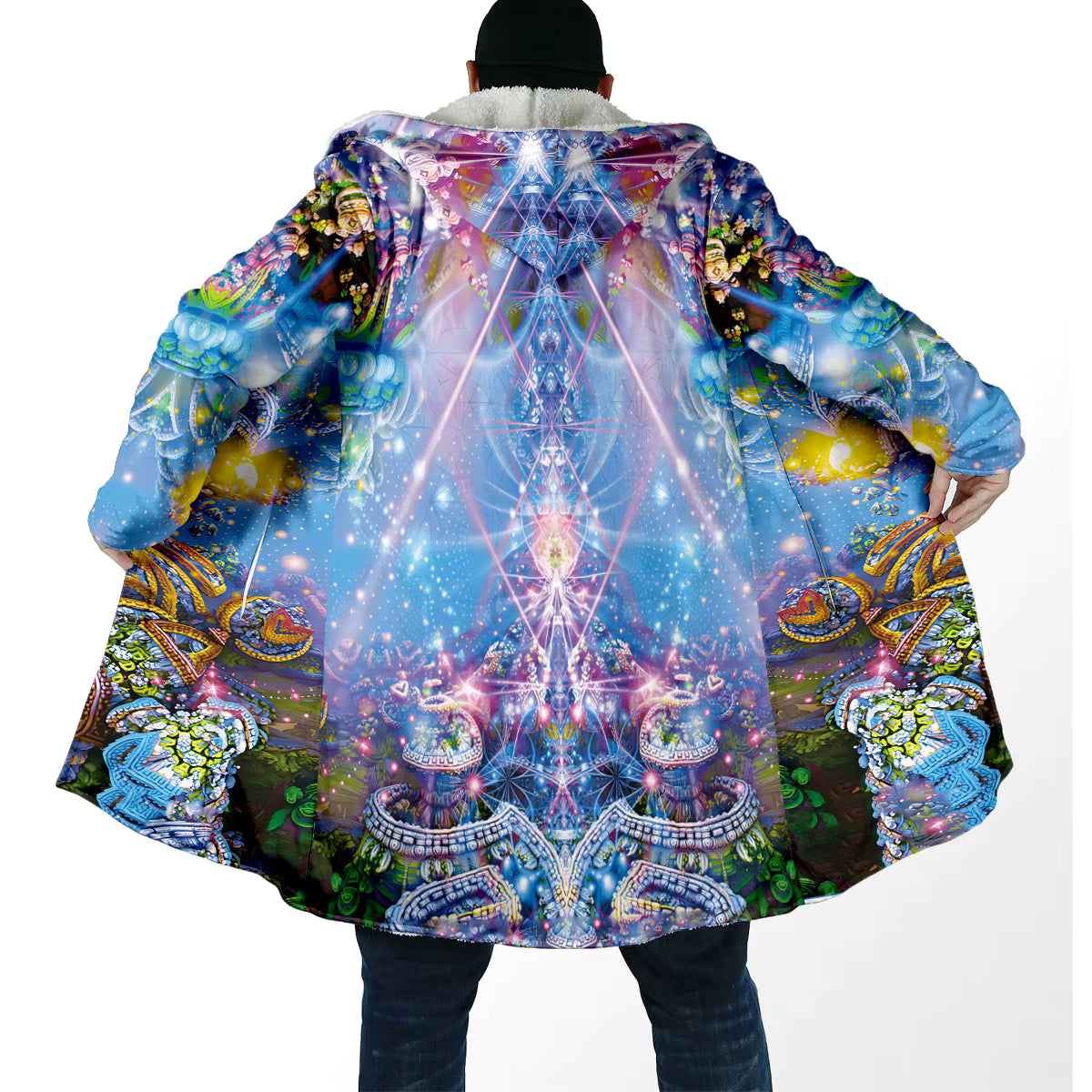 Psychedelic Mandala Hooded Cloak – Men’s Winter Fleece Cape Coat