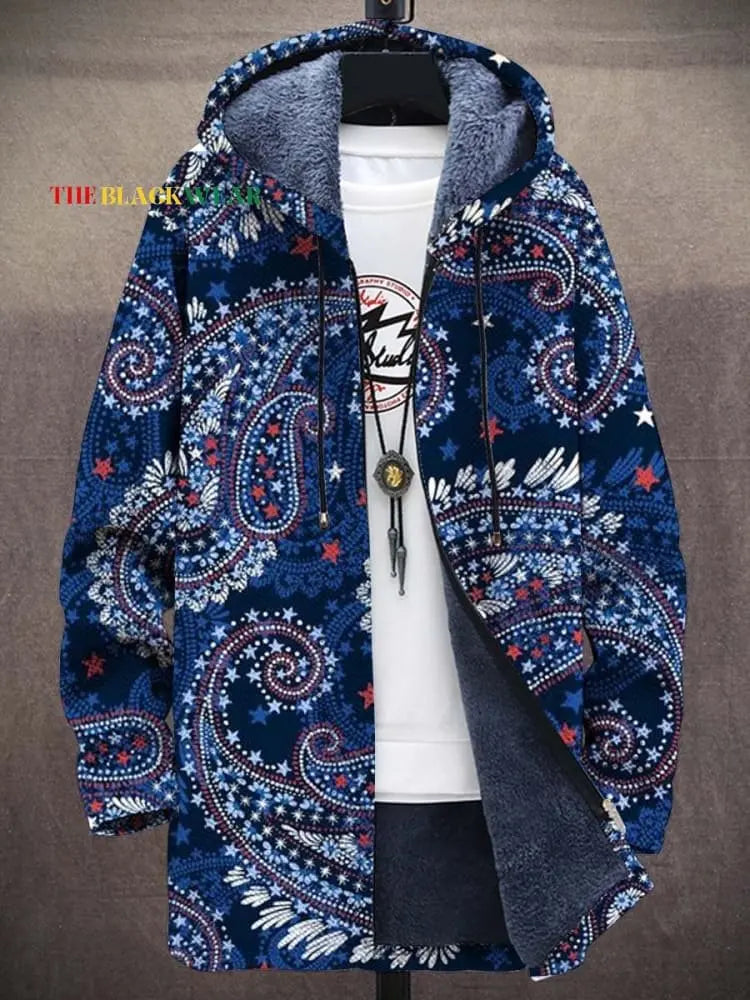 Unisex Navy Paisley vintage paisley print hooded cardigan coat