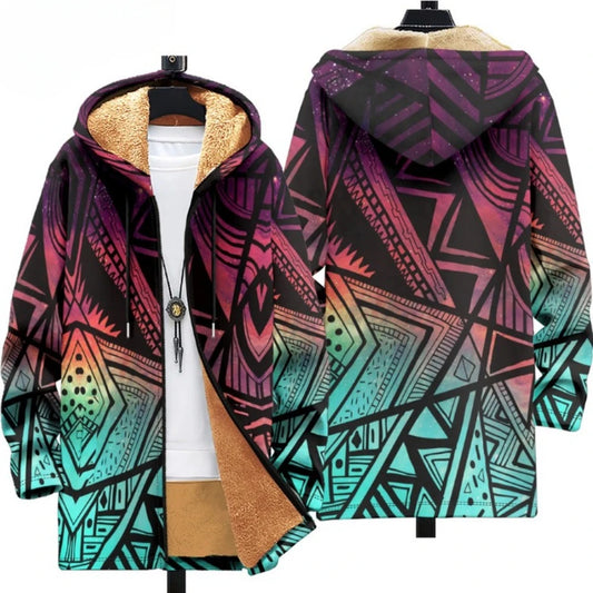 Geometric print plush fleece hooded jacket, full zip