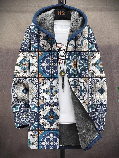 Unisex Blue Mosaic Tile vintage mosaic tile print hooded cardigan coat