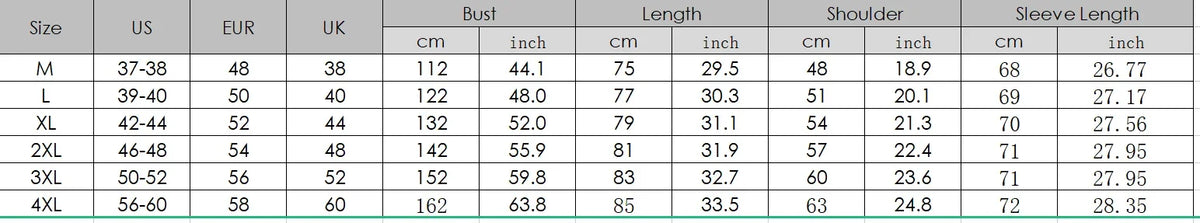 Size chart – hooded cardigan coat