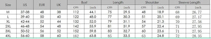 Size chart – hooded cardigan coat